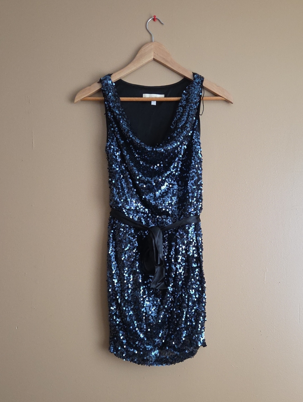 Aidan Mattox Navy Sequin Sleeveless Mini Dress with Sash